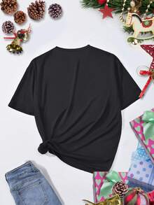 SHEIN Essnce Của phụ nữ Vòng cổ Ngắn tay Áo thun Với Giáng sinh Ly rượu In - màu đen - Xem 2