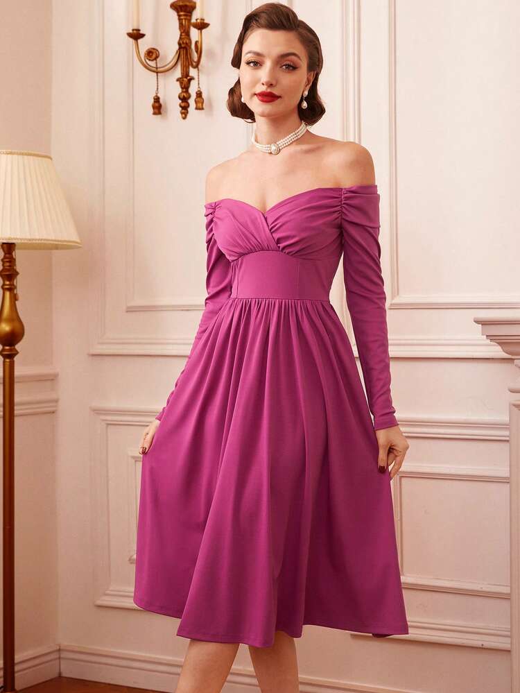 Vintage Elegant Ladies Off Shoulder Ruched Bust Asymmetric Hem Dress, Autumn/Winter & New Year