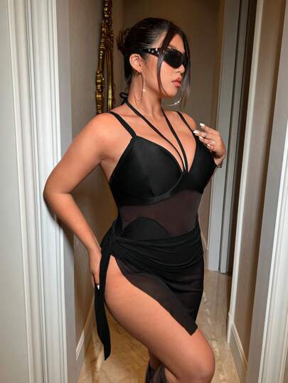 Swim EVENT Summer Women's Halter Neck Plus Size One-Piece Swimwear With See-Through Mesh And High Cut