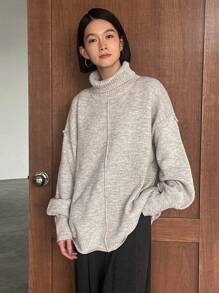 FRIFUL Women's Turtleneck Drop Shoulder Sweater - Apricot - View 9