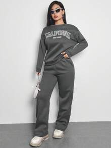 SHEIN Unity 女士字母印花下垂肩運動衫和長褲套裝 - 深灰色 - 查看 4