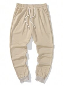 Manfinity Homme Pantalones de chándal de cintura con cordón de unicolor para hombre - Caqui - Ver 4