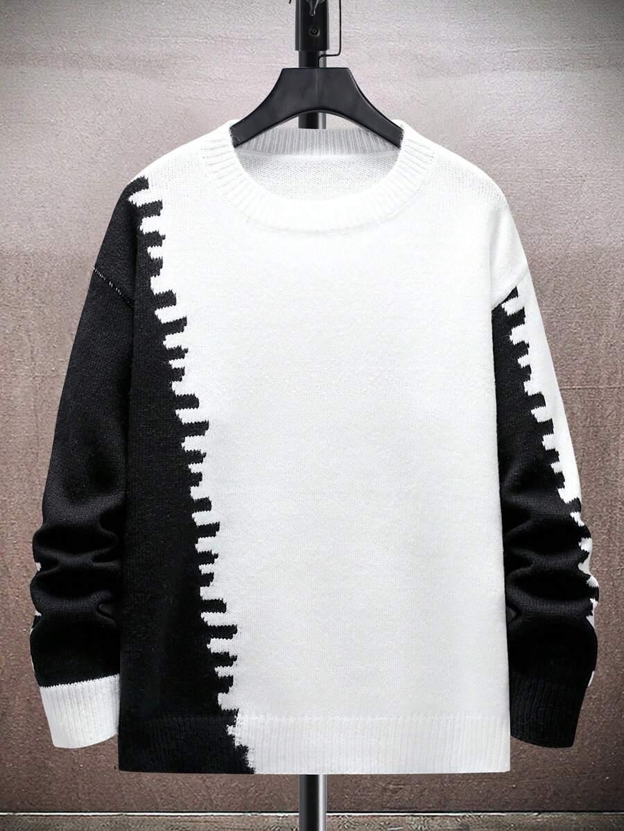 Manfinity Hypemode 男士拼色下垂肩毛衣 - 白色 - 查看 1