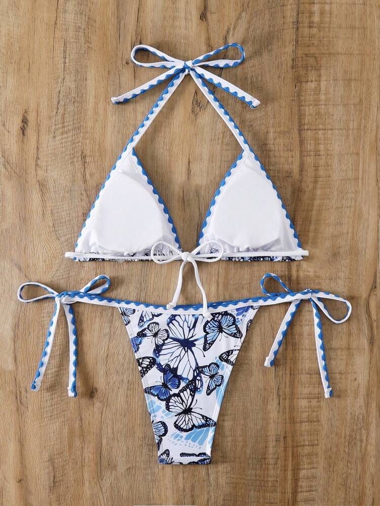 Women's Butterfly Print Halterneck Lace-Up Bikini Set Carnival Summer Beach