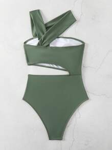 SHEIN Swim 女士純色不對稱肩一片式泳衣 - 軍綠色 - 查看 2