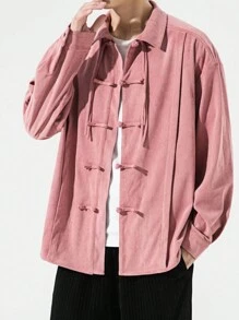 男士中国风复古宽松灯芯绒长袖衬衫，防风保暖 - 粉色 - 查看 8