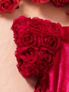 SHEIN 年轻女孩立体花朵装饰天鹅绒连体裤 - 酒紅色 - 查看 3