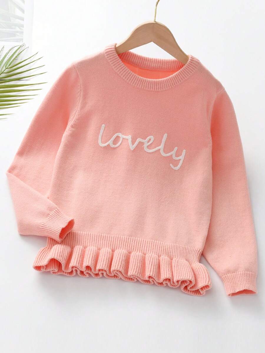 SHEIN Girls' Letter Embroidery Sweater With Ruffle Hem, For Tweens - Pink - View 1
