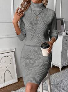SHEIN Clasi 女裝純色高領休閒套裝毛衣和裙子 - 灰色 - 查看 3