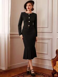 SHEIN DECDS Button-Up Jacket And Fish Tail Hem Skirt Set - Black - View 6