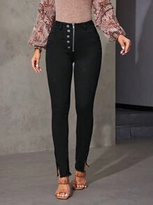 SHEIN Essnce 鈕扣裝飾和分割式下擺的牛仔褲 - 黑色 - 查看 6