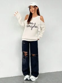 SHEIN EZwear Women's Open Shoulder Sweater With Letter Embroidery - White - View 4
