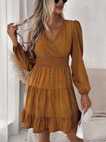 SHEIN LUNE 滿版印花交疊領荷葉邊洋裝 - 彩色 - 查看 4