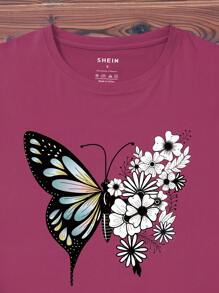 SHEIN LUNE Camiseta De Manga Corta Para Mujer Con Patrón De Mariposa Y Flor - Burdeos - Ver 6