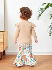 SHEIN 寶寶女孩動物和花卉印花t卹和喇叭褲套裝 - 杏色 - 查看 2