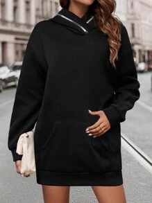 SHEIN LUNE Của phụ nữ Màu thuần Thả vai & Dây kéo Thiết kế Hoodie - màu đen - Xem 5