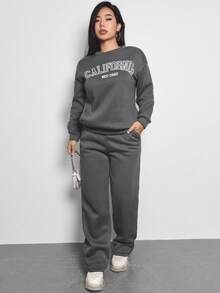 SHEIN Unity 女士字母印花下垂肩運動衫和長褲套裝 - 深灰色 - 查看 7