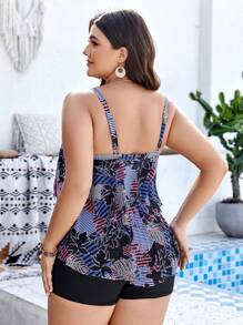 Swim Lushoire Summer Beach Plus Size Women's Dress Swimsuit With Plant Print And Ruffled Hem - Multicolor - View 2
