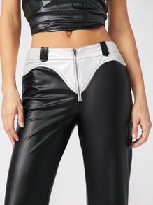 Hauture Zip Front Colorblock PU Leather Pants - Multicolor - View 7