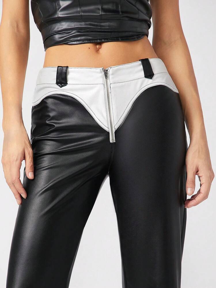 Zip Front Colorblock PU Leather Pants