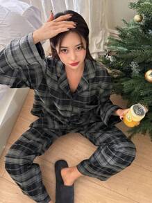DAZY Women's Plaid Shirt And Long Pants Pajama Set