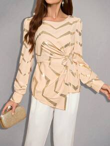 SHEIN Clasi Gold Foil In Mặt trước xoắn Vòng cổ Tay áo dài Áo sơ mi - Màu be - Xem 5
