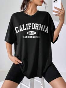 SHEIN EZwear Women's Loose Fit Short Sleeve T-shirt With Letter Print - Black - View 3