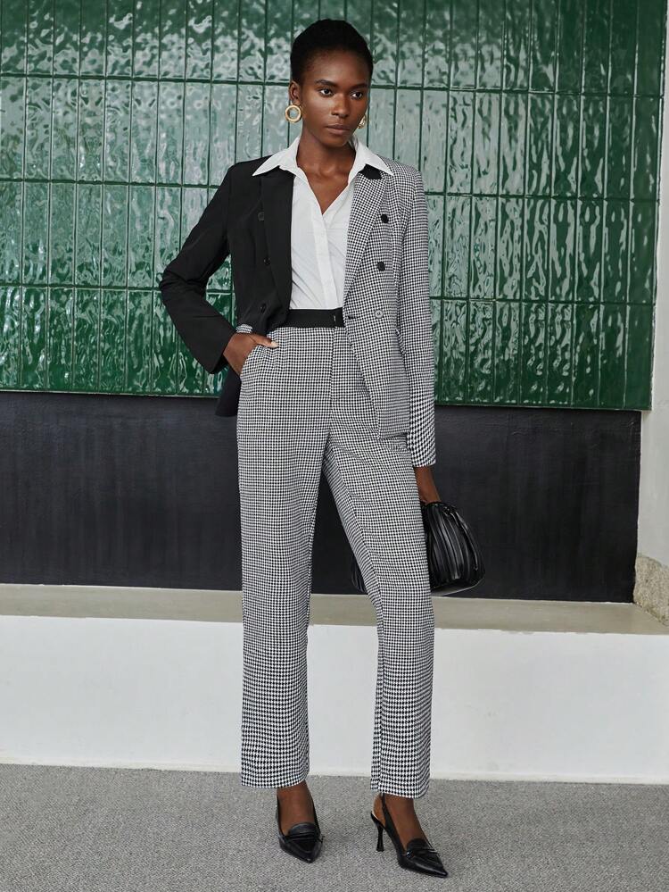 Women's Colorblocked Houndstooth Double Breasted Blazer