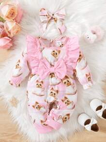 Baby Girls' Cartoon Patterned Jumpsuit With Bowknot And Ruffled Leg - Pink - View 1