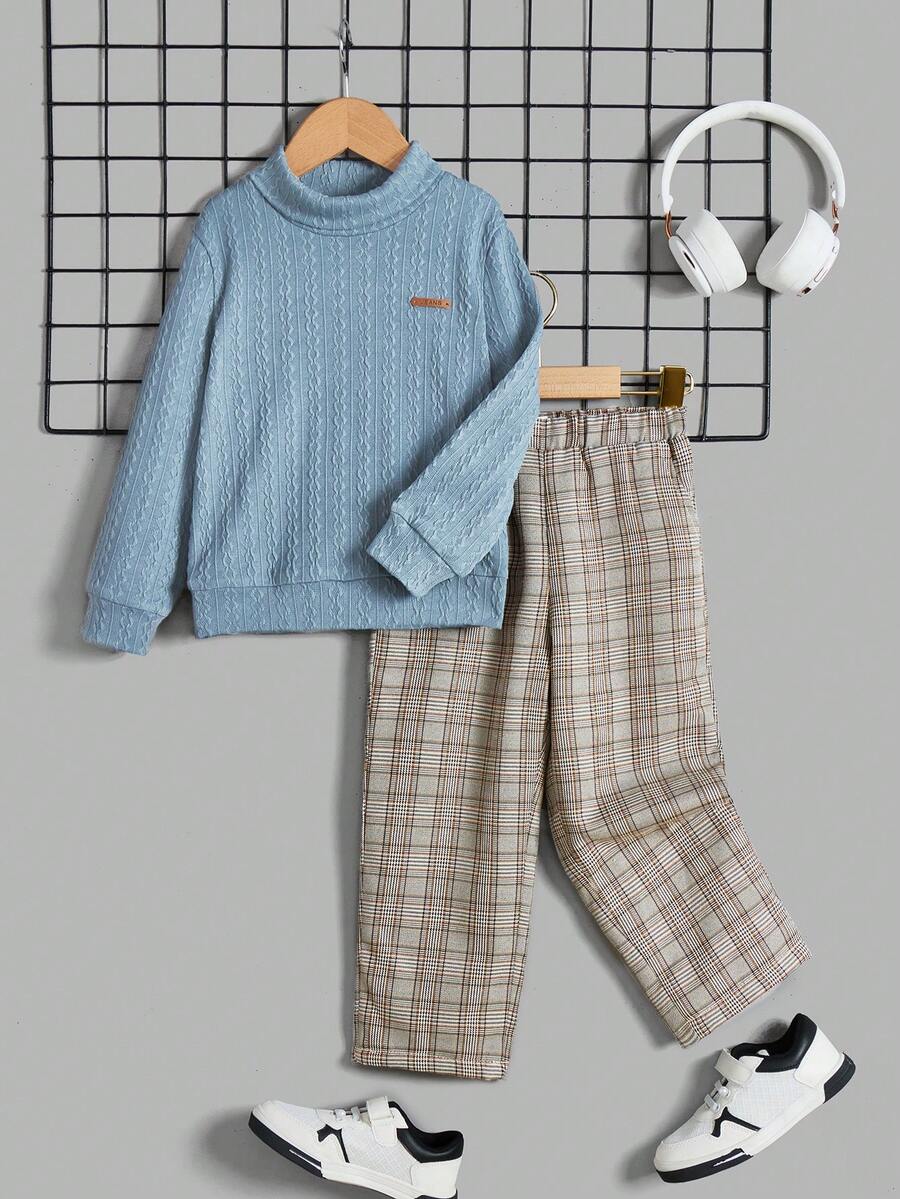 SHEIN 2 件套年轻男孩纯色高领毛衣和格子保暖衬里裤子，加厚 - 彩色 - 查看 1