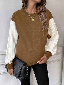 SHEIN Pregnant Women's Color-blocking Drop Shoulder Sweatshirt - Coffee Brown - View 6