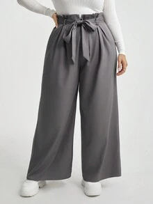 SHEIN Essnce 大尺碼紙袋腰寬褲 - 灰色 - 查看 4