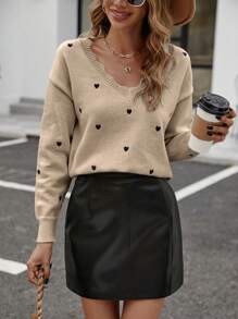 SHEIN Frenchy 女性心型刺繡波浪邊毛衣 - 卡其色 - 查看 3