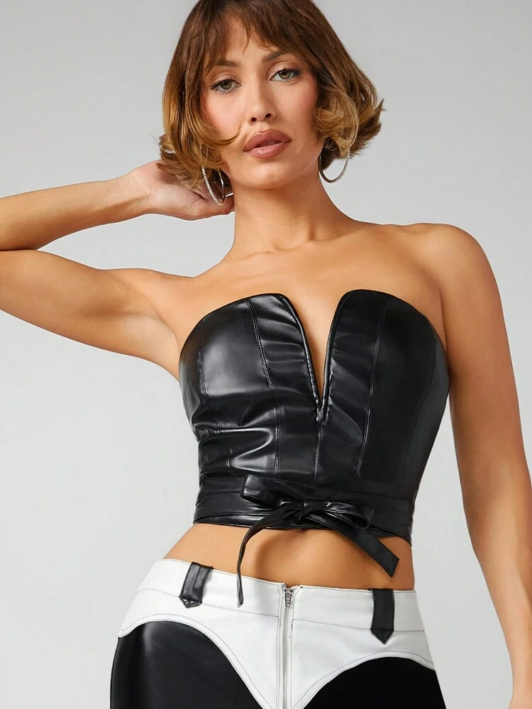 Tie Front PU Leather Sexy Fashion Tube Top
