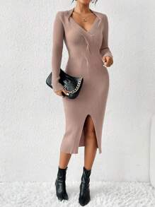 Calvaya Women's Knitted Sweater Dress With Split Hem
