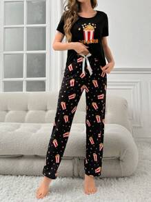 女士爆米花起司睡衣短/長款套裝 - 黑色 - 查看 6