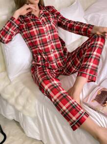 Merry Christmas Plaid Print Contrast Piping PJ Set / Pajama Set - Multicolor - View 3