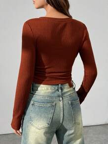 SHEIN EZwear Women's V-neck Long Sleeve Ribbed Knit T-shirt - Brown - View 2