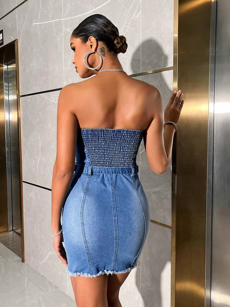Denim Bandeau Dress With Slim Fit Shape, Fringed Hem, Waist Belt Design