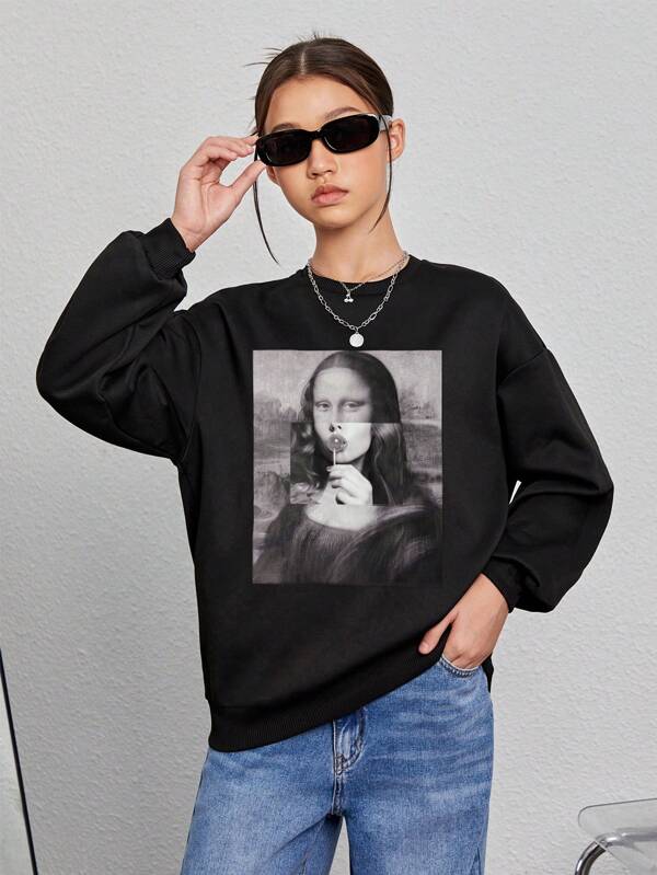 Teen Girls Casual Portrait Graphic Crew Neck Long Sleeve Sweatshirt, Suitable For Autumn/Winter