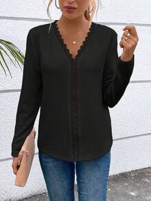 SHEIN LUNE Của phụ nữ Vá lại Ren Áo thun - màu đen - Xem 5