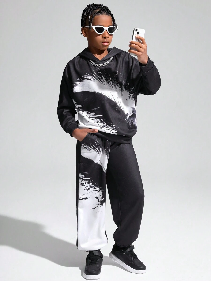 两件套男童休闲羽毛印花连帽卫衣和长裤针织加厚抓绒套装