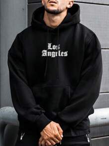 Manfinity LEGND 男裝加大碼字母印花帽衫,帶有袋袋和束口 - 黑色 - 查看 1