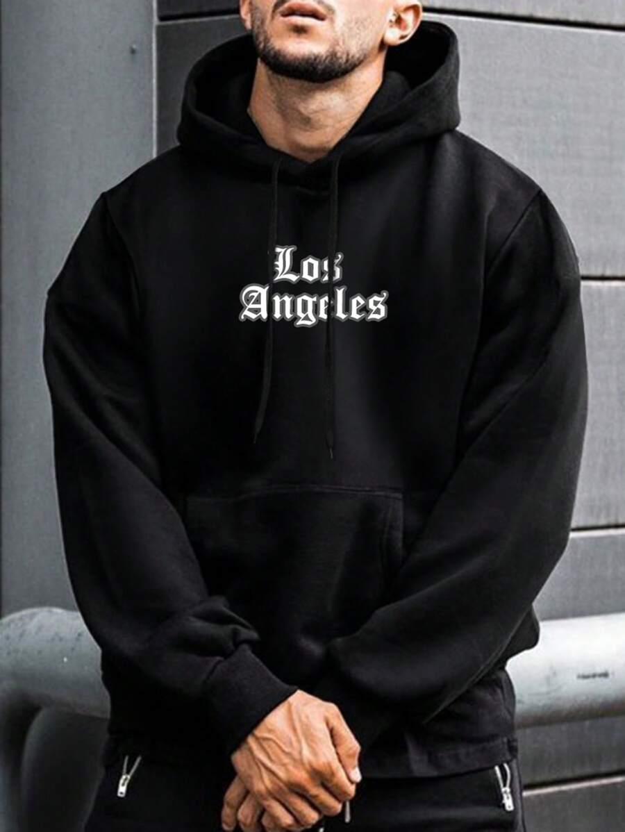 Manfinity LEGND 男裝加大碼字母印花帽衫,帶有袋袋和束口 - 黑色 - 查看 1