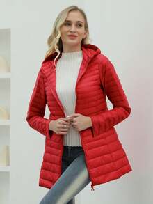 Zip Up Hooded Down Coat - Red - View 3