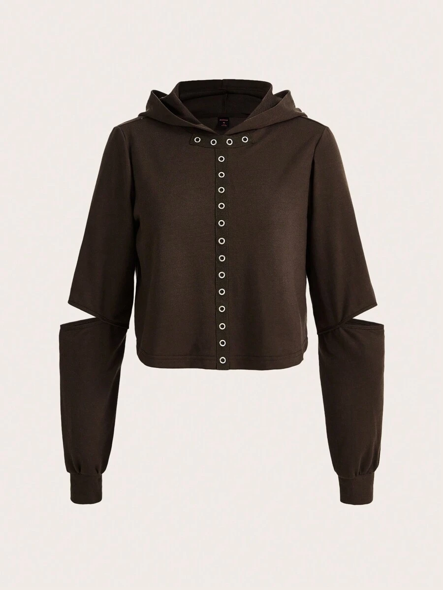 ROMWE PUNK Sudadera Con Capucha Y Manga Hueca Para Mujer - Marrón - Ver 1