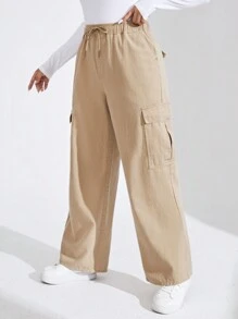 SHEIN EZwear 大碼束口腰帶口袋牛仔褲 - 卡其色 - 查看 3