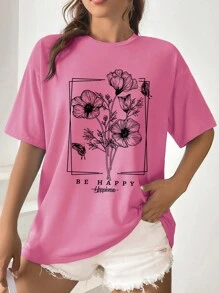 SHEIN EZwear 花花束印花寬鬆短袖 T 卹 - 玫紅色 - 查看 5