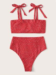 Swim Mod Ladies' Solid Polka Dot Bikini Set Summer Beach - Red and White - View 2