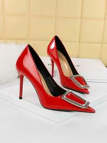 European And American Party High Heels Women Shoes With Metallic Big Rhinestone Buckle, Patent Leather, Pointed Toe - Red - View 2